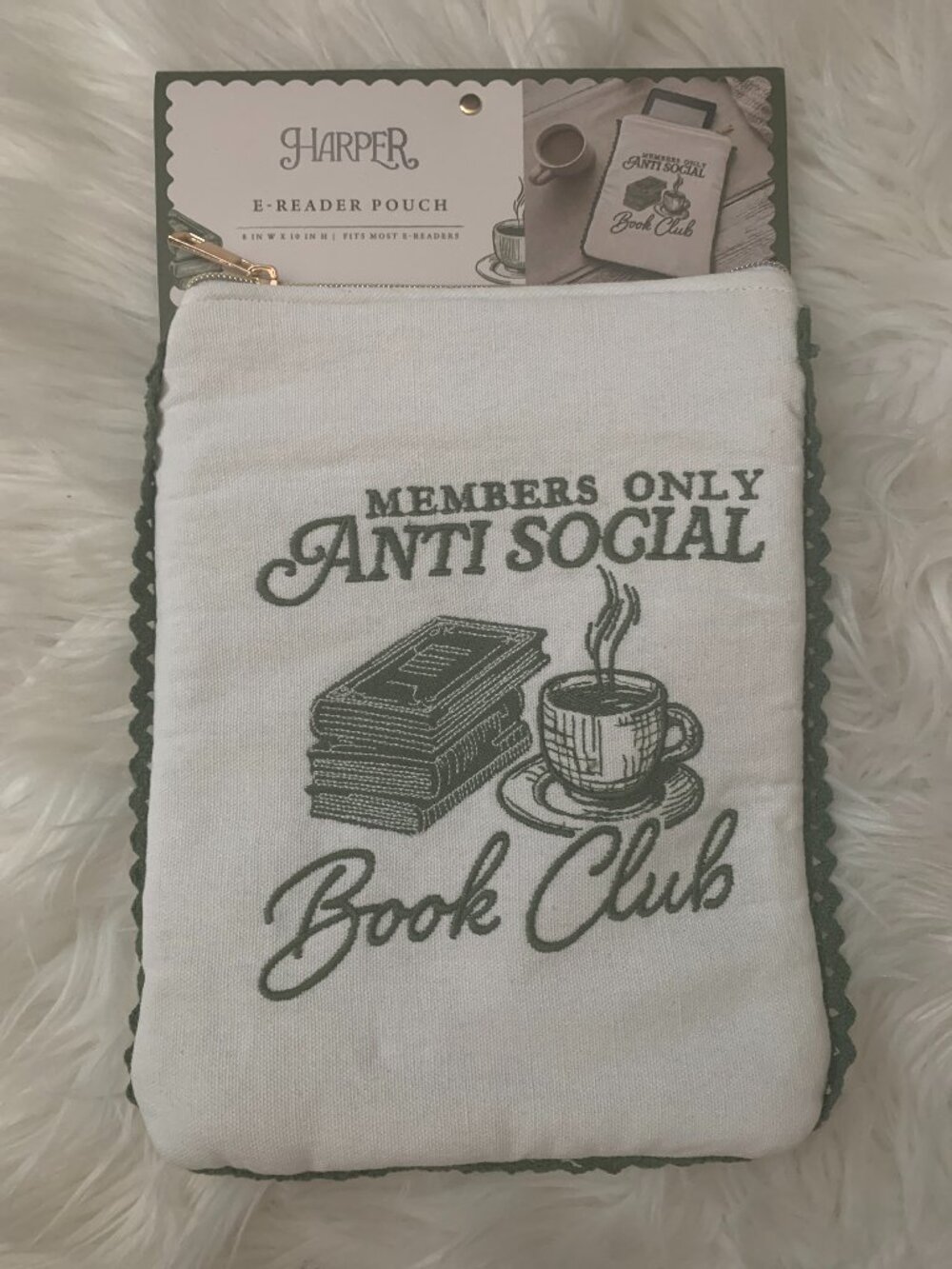 HARPER Members Only Anti Social Book Club Embroidered E-Reader in White/Moss